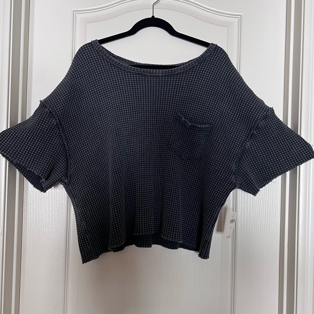 ANTHROPOLOGIE PILCRO Women’s Gray Short Sleeve Waffle Tee Pocket Cotton Size M
